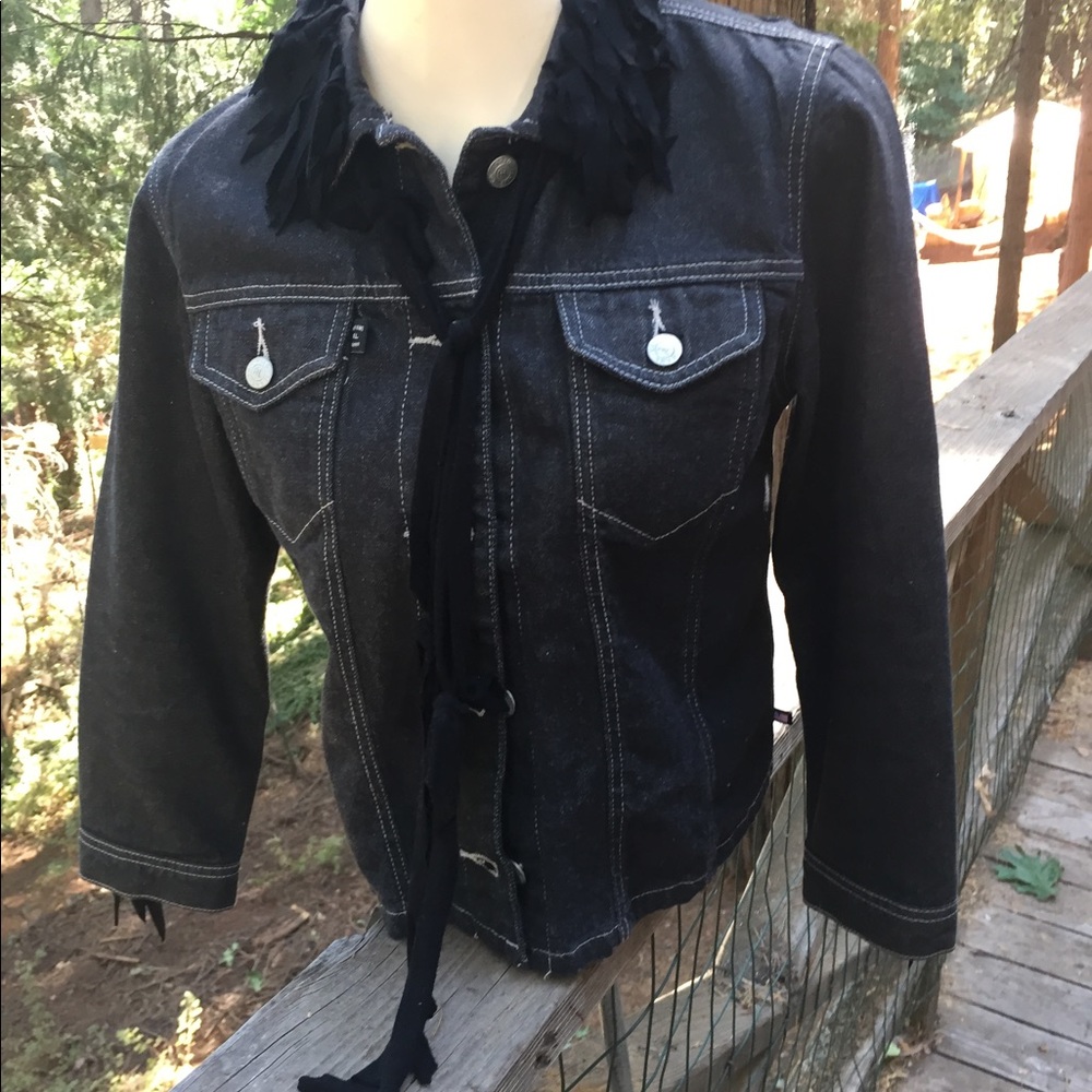Kreativekristen wolf embellished black  vintage gray denim jacket  HP26x6 - Picture 4 of 16